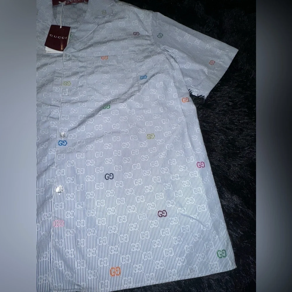 Gucci Blue Striped Short Sleeves Cotton Bowling Shirt